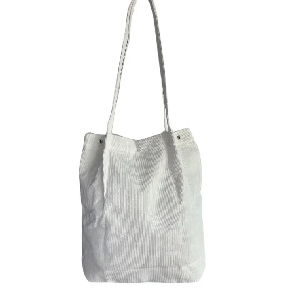 White Corduroy Tote Bag Minimal Canvas Shoulder Bag Snap Closure NEW